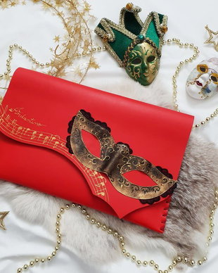 poseta plic handmade unicat din piele - Red Masquerade