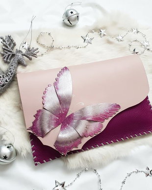 poseta plic handmade unicat din piele - Magenta Butterfly