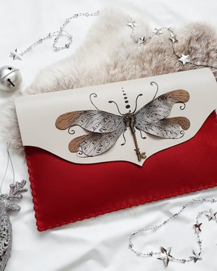 Poseta plic handmade unicat din piele naturala - Winter Dragonfly