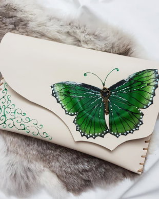 poseta plic handmade unicat din piele -Green Shade of Spring