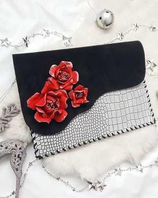 poseta plic handmade unicat din piele - Red Roses
