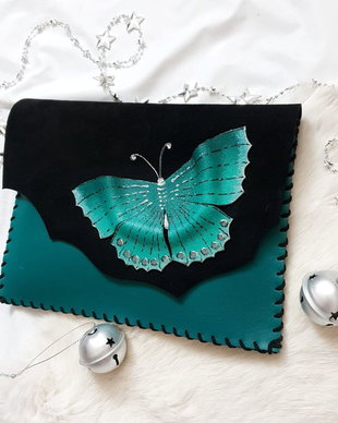 poseta plic handmade unicat din piele- Turquoise