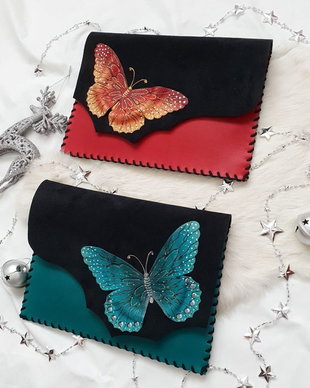 poseta plic handmade unicat din piele- Butterfly