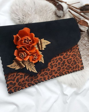 poseta plic handmade unicat din piele - Animal print Roses