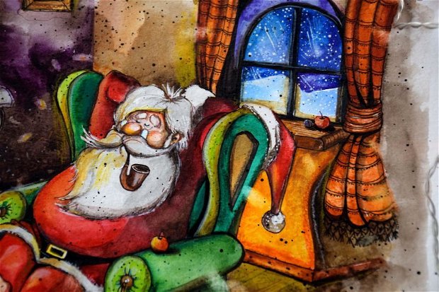 Santa's Home - Pictura Originala in acuarela, Tablou, Craciun, Iarna, Mos Craciun - Nature & Colors Collection