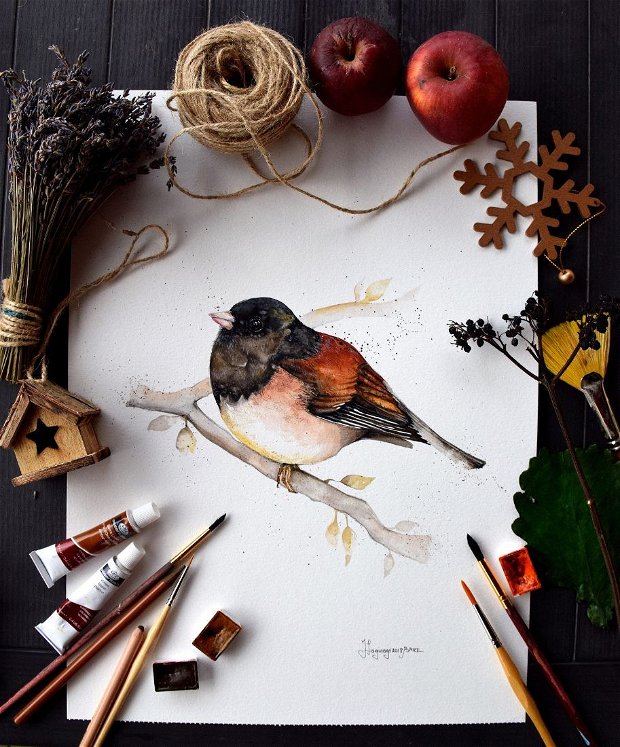 Winter Bird - Pictura Originala in acuarela - Nature & Colors Collection