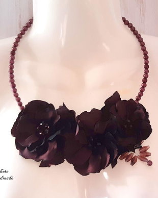 Set colier cu flori textile/Set bijuterii burgundy