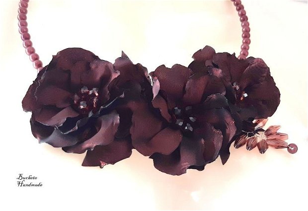Set colier cu flori textile/Set bijuterii burgundy