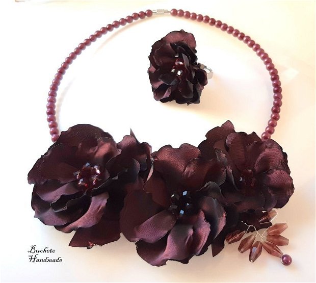 Set colier cu flori textile/Set bijuterii burgundy