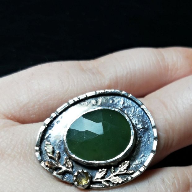 Inel argint 925, profil gold filled şi jad serpentin