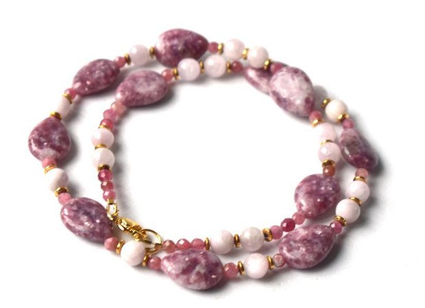 Set bijuterii lepidolit, turmalina roz, kunzit si hematit, Colier, bratara si cercei din pietre naturale