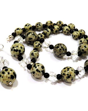 Colier si cercei din Jasp dalmatian, Onix negru, Cristale albe si Argint 925 - CO145.1, CE145.1 - Colier alb negru pietre semipretioase, colier elegant ocazie, cadou aniversare / Craciun / 8 martie, cadou sotie