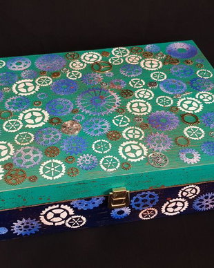 Cutie pentru ceasuri, cutie turcoaz ceasuri, cutie mixed media, pernuta pentru ceasuri, cutie steampunk ceasuri