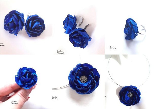 Set bijuterii cu flori textile/Set colier,cercei si inel albastru royal