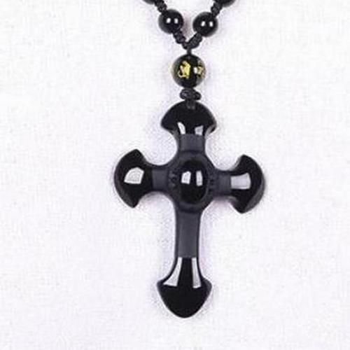 K0582 - Pandantiv / amuleta / talisman, obsidian de sinteza negru, cruce, 52x37x11mm