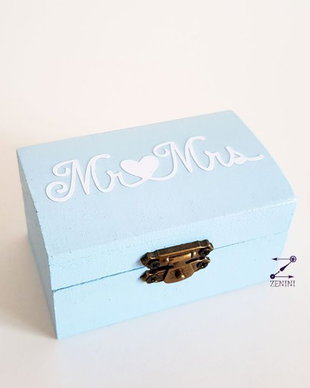 Cutie verighete Mr&Mrs, cutie verighete cu mesaj, pernuta verighete, cutie Mr&Mrs, cutie verighete bleu