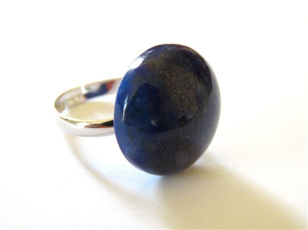 Inel si cercei din Argint 925 si Lapis lazuli rotund - IN492, CE296 - Inel albastru cu piatra mare, inel reglabil din pietre semipretioase, cercei albastri, set romantic delicat
