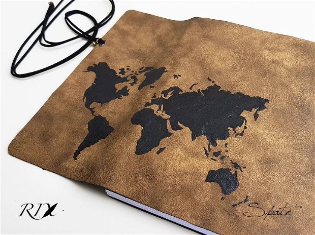 Jurnal (mare) de călătorie cu harta lumii -NEGRU- Jurnal de călătorie cu copertă de piele naturală maro