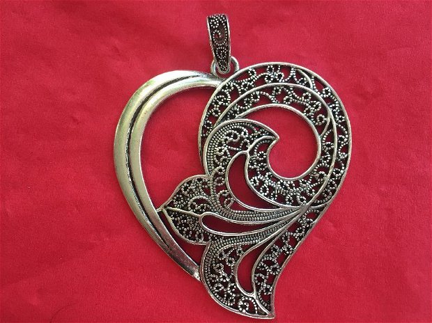 Pandantiv inima, cu filigran, (70x63mm), nuanță argint antic
