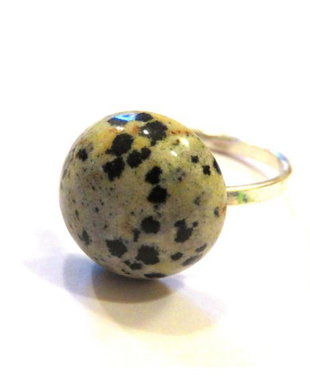 Inel delicat din Argint 925 si Jasp dalmatian rotund - IN535 - Inel alb negru din pietre semipretioase, inel casual business