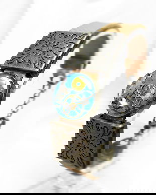 Bratara steampunk din piele naturala cu initiala si charm, Accesorii steampunk unisex, bratara din rasina piese de ceas