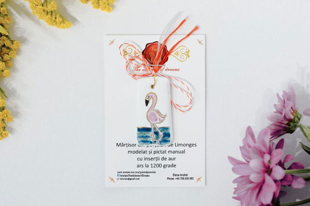 Martisor din portelan, modelat si pictat manual, flamingo