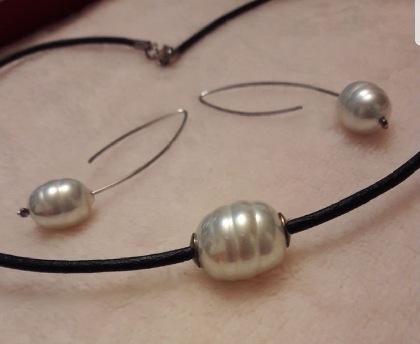 Set colier argint 925 cu perla si snur piele