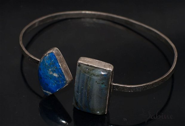 Bratara din argint 925 cu lapis lazuli si labradorit, bratara fixa, bratara deschisa,bratara minimalista