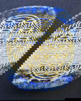 K0232 - Lapis lazuli, albastru, dreptunghi, gravat, floarea vietii, fara orificiu de prindere (tip cabochon), 46x40x10mm