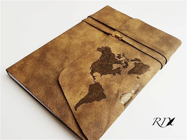 Jurnal (mare) de călătorie cu harta lumii -AURIU- Jurnal de călătorie cu copertă de piele naturală maro