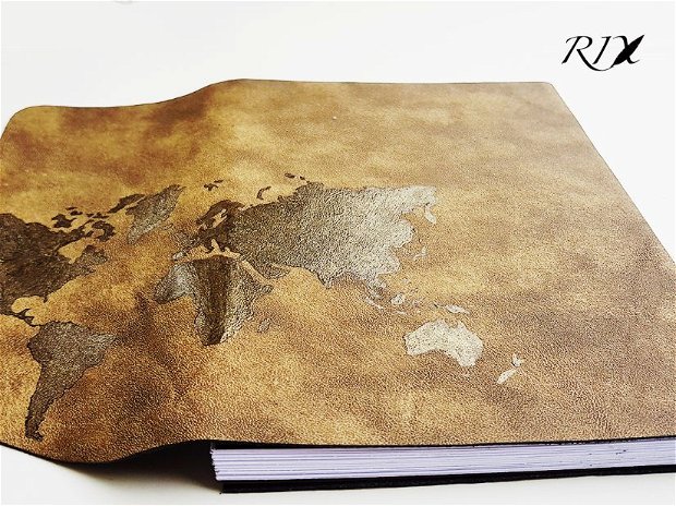 Jurnal (mare) de călătorie cu harta lumii -AURIU- Jurnal de călătorie cu copertă de piele naturală maro