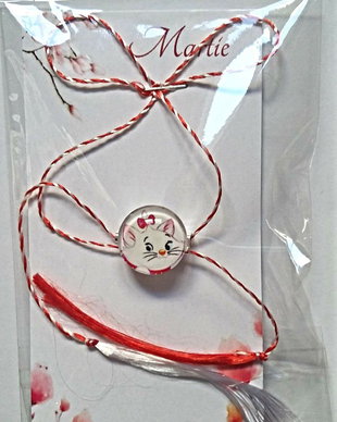 Brosa martisor cabochon sticla 14mm pisicuta