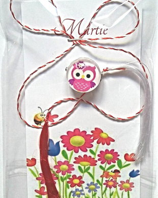 Brosa martisor cabochon sticla 14mm bufnita roz