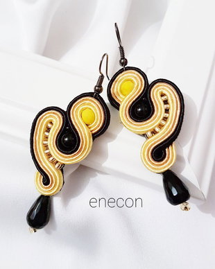 Cercei soutache galben-negru cu onix