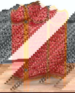 Paravan din lemn masiv cu tapiterie din matase bordeaux