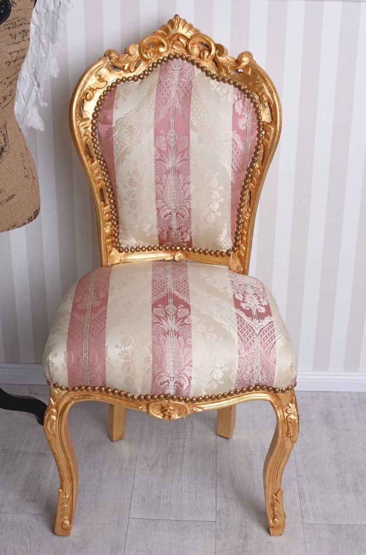 Scaun din lemn masiv auriu si tapiterie roz cu crem