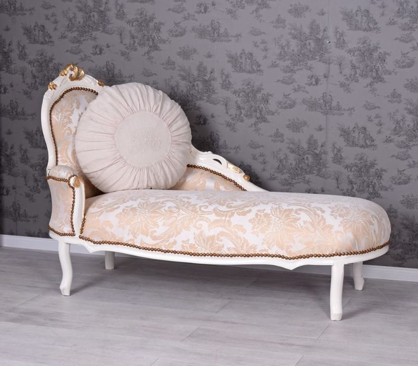 Sofa din lemn masiv alb cu auriu si tapiterie din matase grej cu flori