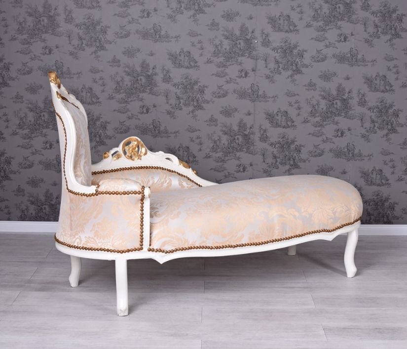 Sofa din lemn masiv alb cu auriu si tapiterie din matase grej cu flori