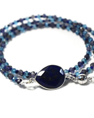 Bratara din pietre naturale de iolit, topaz si lapis lazuli cu conector de lapis lazuli in rama de argint
