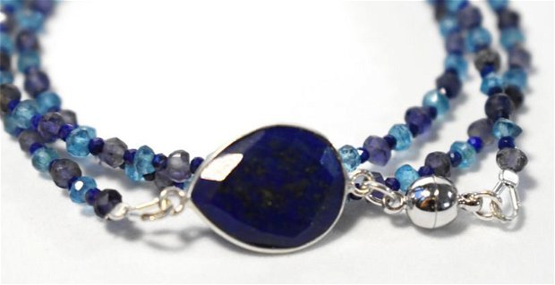 Bratara din pietre naturale de iolit, topaz si lapis lazuli cu conector de lapis lazuli in rama de argint