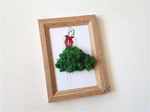 Tablou licheni, tablou femeie cu rochie rosie, tablou femeie licheni, rama foto licheni