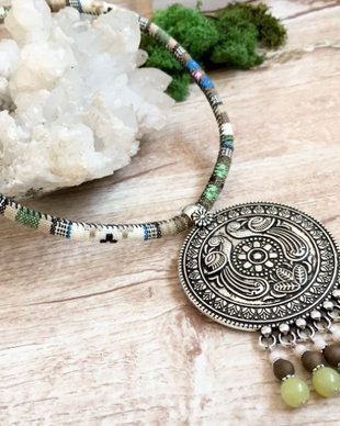Colier boho etnic cu jad si druzy agat