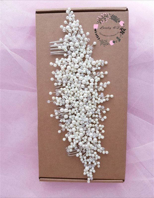 *Coryna - Diadema mireasa cu perle Ivory și cristale transparente