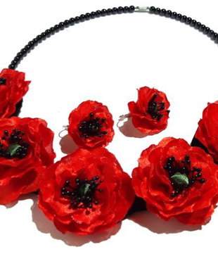 Set bijuterii cu flori de maci/Set bijuterii cu flori textile