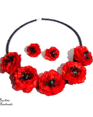 Set bijuterii cu flori de maci/Set bijuterii cu flori textile
