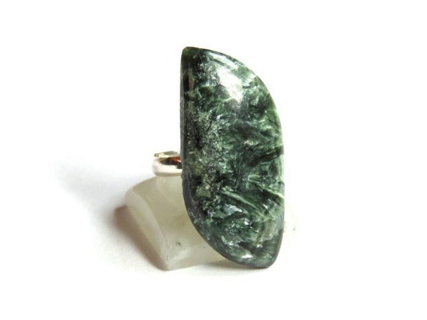 Inel Serafinit si Argint 925 - IN656 - Inel verde argintiu deosebit, inel statement reglabil, cadou sotie, cristale vindecatoare, cristaloterapie, cristale de colectie