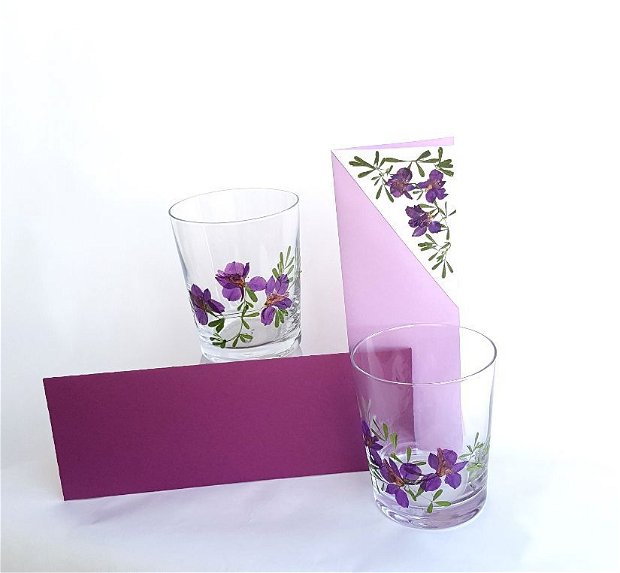Set 2 pahare apa/suc decorate cu flori presate - 2