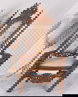 Tron baroc din lemn masiv mahon cu tapiterie crem