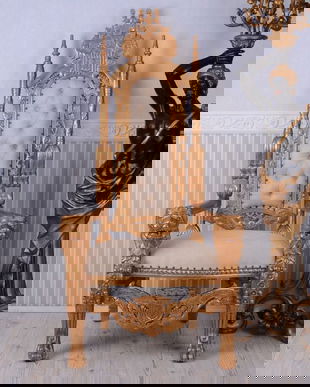 Tron baroc din lemn masiv auriu cu tapiterie crem