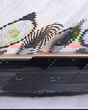 Comoda TV din lemn masiv negru cu blat bej